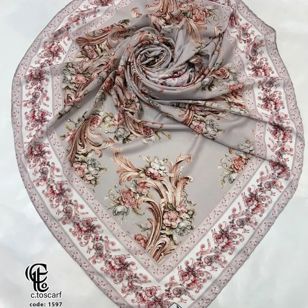 روسری زنانه نخ کاستوم طرح حنا طوسی سیلور ابعاد 140x140 دور چرخ دوز