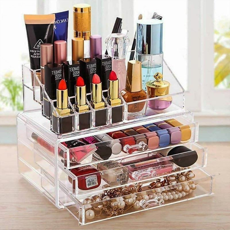 استند لوازم آرایشی اکریلیک شفاف دوطبقه 3کشو اصلی کد29 پسکرایه پستی