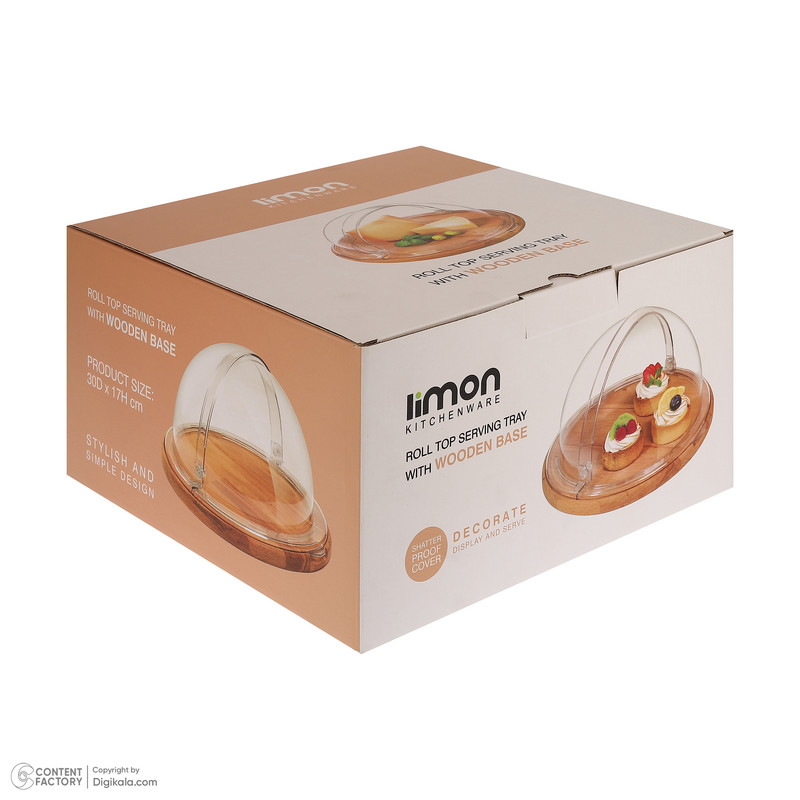 کیک خوری و شیرینی خوری لیمون مدل پایه چوبی با درپوش اکرلیک شفاف، ابعاد 30x30x17 سانتی متر، ساخت ایران، مناسب محافظت و نمایش کیک و دسر، شست وشوی دستی