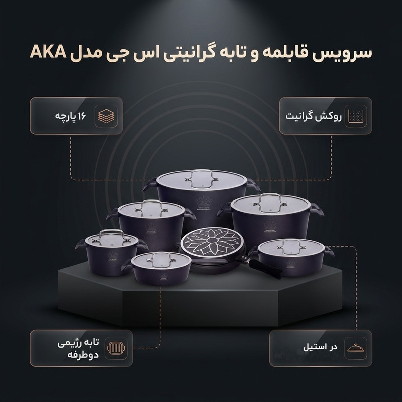 سرویس قابلمه و تابه گرانیتی 16 پارچه اس جی مدل AKA