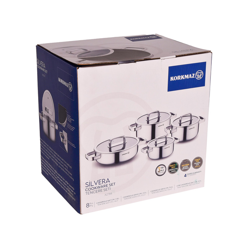 سرویس قابلمه و تابه استیل 8 پارچه کرکماز مدل SILVERA کد 2788