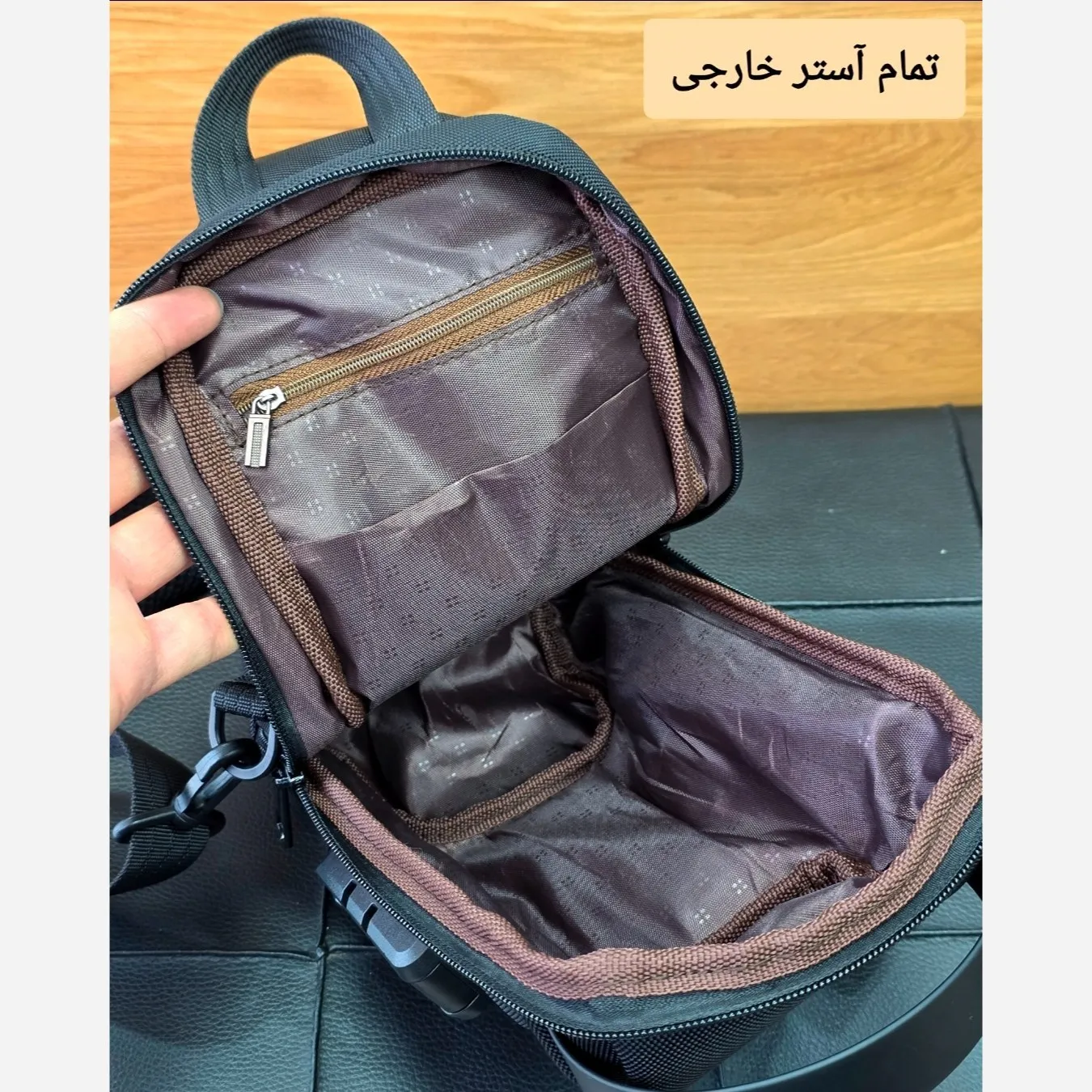 بادی بگ مردانه بنج ضد آب با قفل رمزدار رنگ مشکی و طوسی و سبز و سورمهای