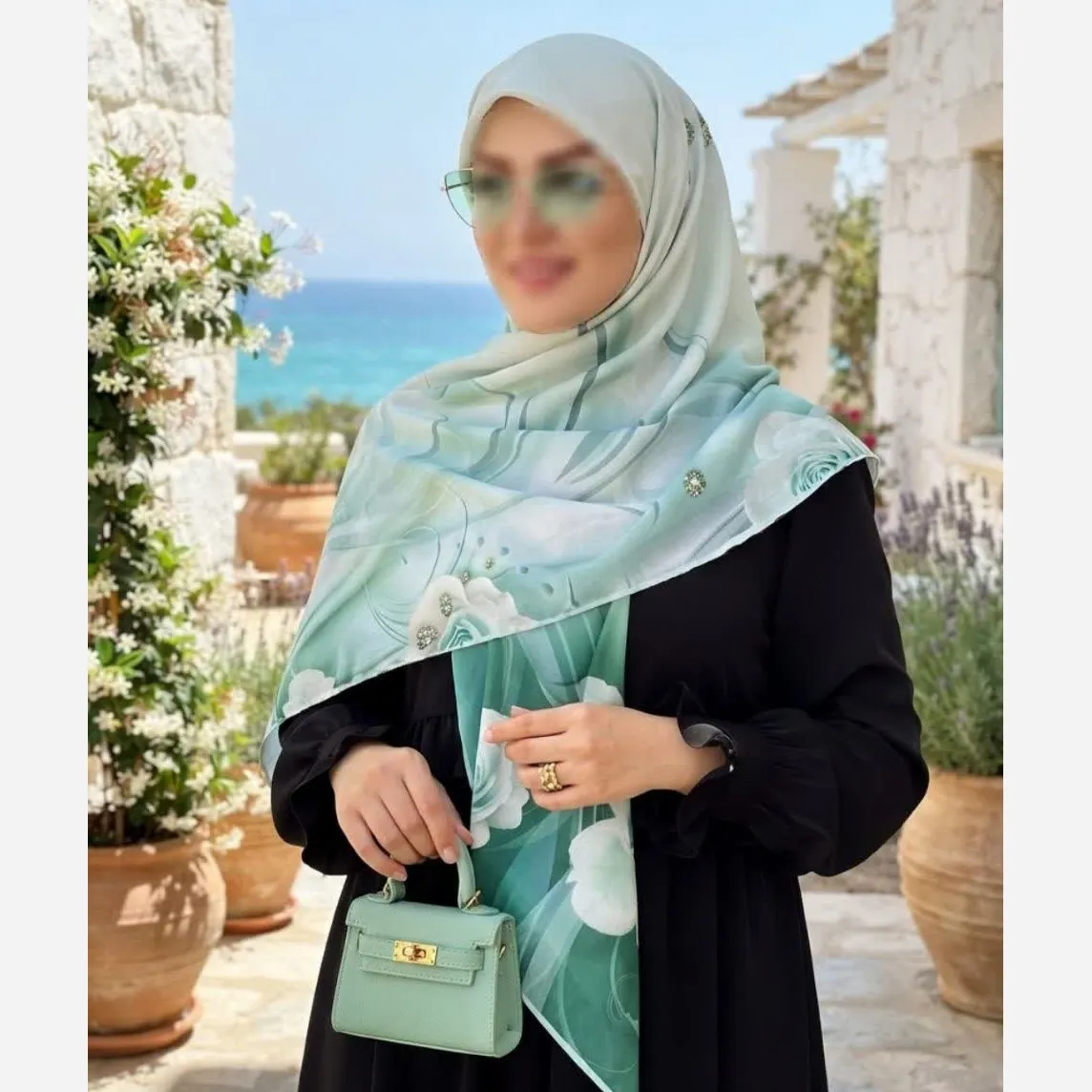 روسری نخ کاستوم قواره 140 طرح شیوا سبز روشن