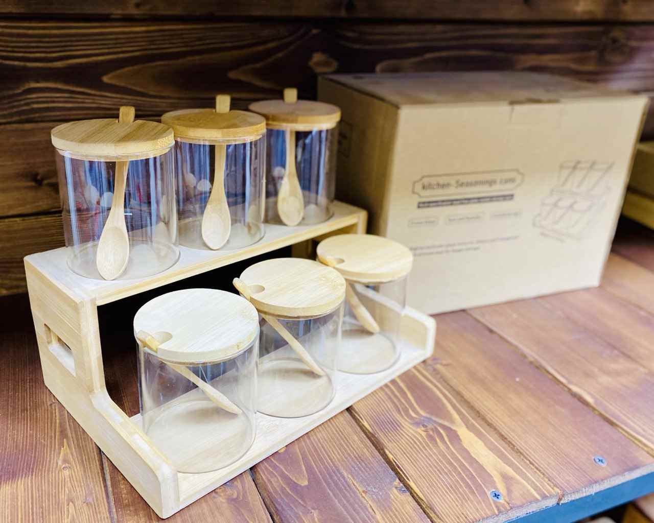 ست پاسماوری پیرکس گرد قاشق دار  6 پارچه زیر چوب بامبو تک جعبه